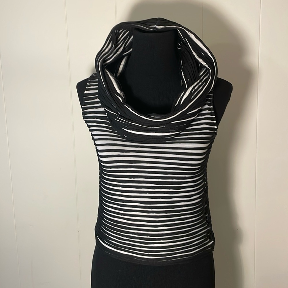 Emporio Armani Black Cream Striped Oversized Cowl Neck Netted Sleeveless Top